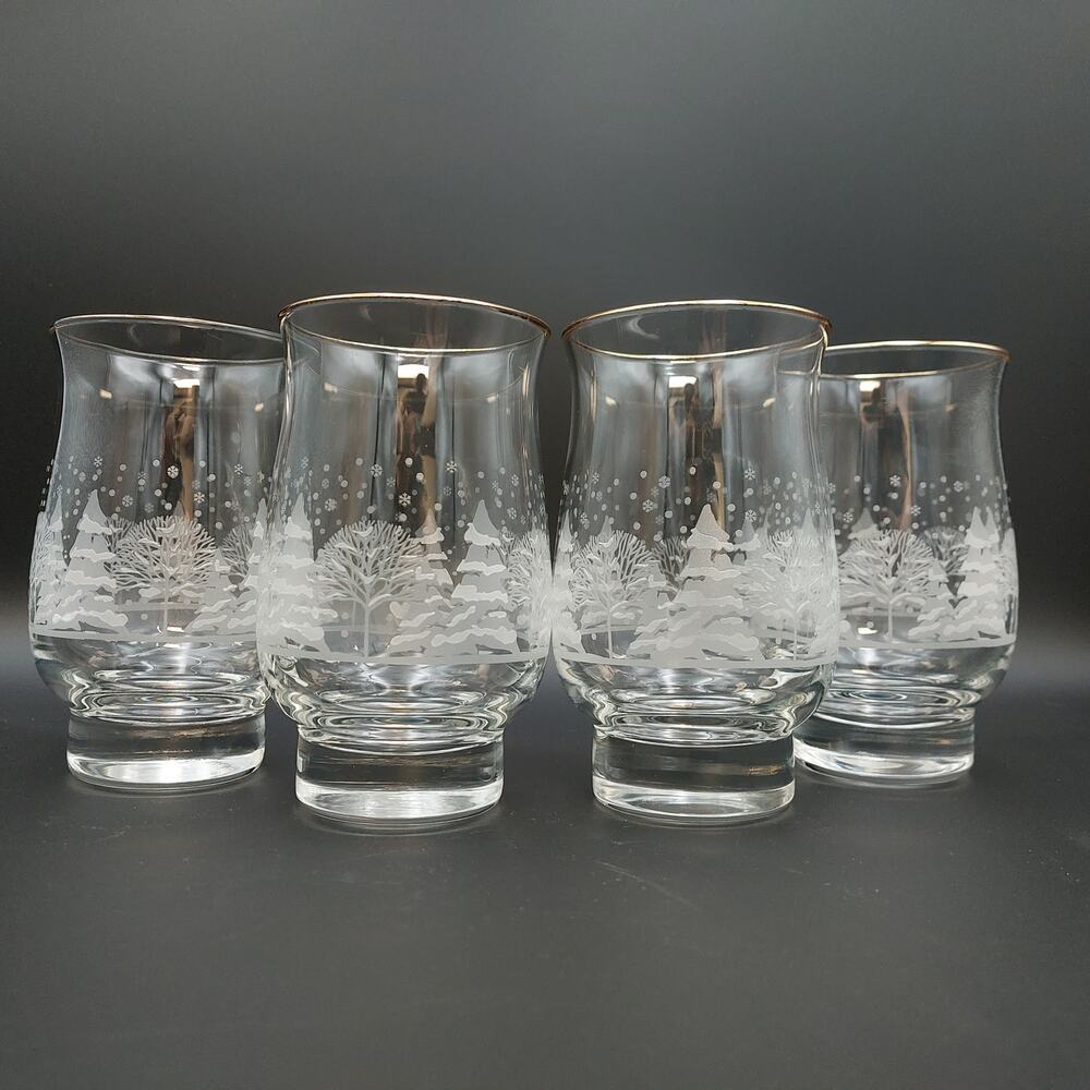 Vintage Libbey Arbys Christmas Glasses Frosted Winter Trees Gold Rim Tumblers 4